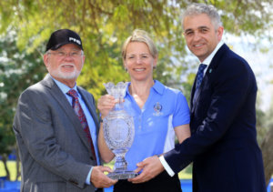 RANCHO MIRAGE, CA - MARCH 30: Annika Sorenstam of Sweden poses with the Solheim Cup with John Solheim the Chairman and CEO of Ping (l) and Ivan Khodabakhsh the CEO of the Ladies European Tour after the press conference to announce her as the 2017 European Solheim Cup Captain held during the ANA Inspiration at Mission Hills Country Club on March 30, 2016 in Rancho Mirage, California. (Photo by David Cannon/Getty Images) *** Local Caption *** Annika Sorenstam; John Solheim; Ivan Khodabakhsh