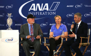 RANCHO MIRAGE, CA - MARCH 30: Annika Sorenstam of Sweden talks to the media watched by John Solheim the Chairman and CEO of Ping (l) and Ivan Khodabakhsh the CEO of the Ladies European Tour during the press conference to announce her as the 2017 European Solheim Cup Captain held during the ANA Inspiration at Mission Hills Country Club on March 30, 2016 in Rancho Mirage, California. (Photo by David Cannon/Getty Images) *** Local Caption *** Annika Sorenstam; John Solheim; Ivan Khodabakhsh